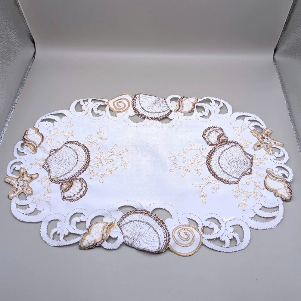 Embroidered Seashell Beach Themed White Gold Keyhole Placemats - Set of 4